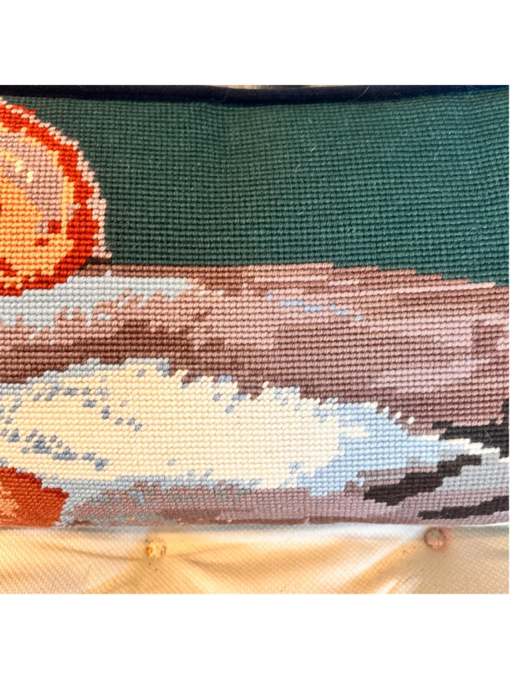Vintage Wool Accent Lumbar Pillow Green Brown Duck Needlepoint Velvet Cabin